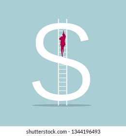 Businessman climbs the dollar sign using a ladder. Isolated on blue background
