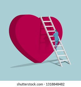 Businessman climbs up heart shaped symbol from ladder. Isolated on blue background.