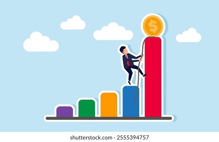 A businessman climbs the highest graph using a rope aiming to reach the dollar coin, illustration of efforts to stabilize business company finances