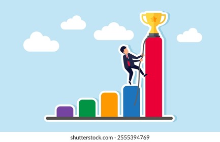 A businessman climbs the highest graph using a rope with the aim of reaching the trophy, illustration of efforts to achieve company goals and become a leading company