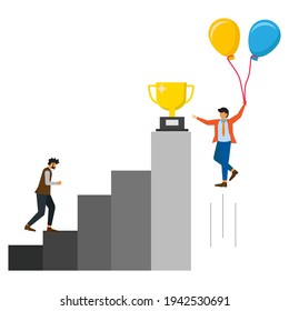 businessman climbs the hurdles and other businessman flies in balloons to get trophy
