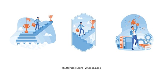 Businessman climbs the ladder to achieve success. Motivation to achieve success. Celebrates success by holding the trophy. Success Business concept.  Set flat vector illustration.