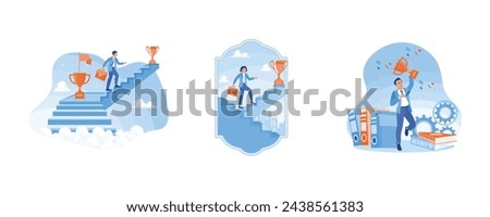 Businessman climbs the ladder to achieve success. Motivation to achieve success. Celebrates success by holding the trophy. Success Business concept.  Set flat vector illustration.
