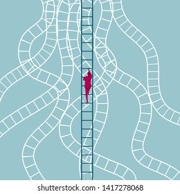 Businessman climbs the ladder. Isolated on blue background.