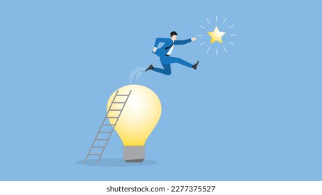 A businessman climbs up ladder and jumps from light bulb to grab a star. Business challenge, motivation, opportunity, investment, ambition, intention, reach a target, goal, idea, and success concept.