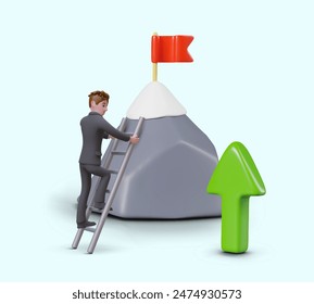 Businessman climbs ladder on mountain with flag on top. Green realistic up arrow