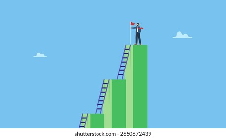 Empresário sobe a escada passo a passo no gráfico para chegar ao topo. Passo para crescer o negócio, escada de sucesso, progresso, melhoria ou desenvolvimento para alcançar a meta, jornada de crescimento, carreira.