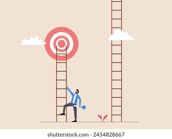 A businessman climbs a ladder towards an arrow target. Faced with two ladders, he chooses the one aligned with the target, symbolizing strategic decision-making and goal-oriented focus.