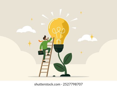 A businessman climbs a ladder towards a large, glowing lightbulb that is growing from the ground like a plant.  He carries a briefcase and is reaching out with his hand as if to touch the bulb.