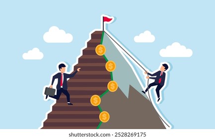 A businessman climbs a mountain with a dollar coin pattern using a rope, while others ascend a ladder, illustrating the different approaches entrepreneurs take to increase revenue.