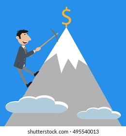 businessman climbs the mountain. hard work. on top of it is a success and wealth. vector illustration of cartoon