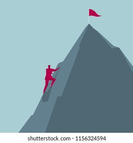 Businessman climbs the mountain,The pennant is inserted at the top of the mountain.