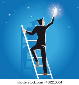 Businessman climbs on the ladder. He takes the brightest star on the top of the sky and achieves success by climbing the steps to achieve economic growth.