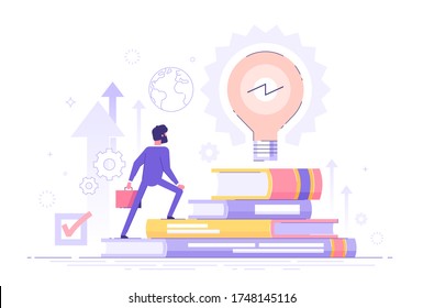 Businessman climbs on a stack of books to knowledge. Education and professional career concept. MBA. Modern vector illustration.