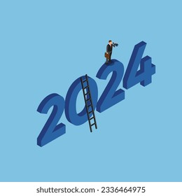 Businessman climbs onto 2024 sign and uses binoculars isometric 3d vector illustration concept for banner, website, illustration, landing page, flyer, etc