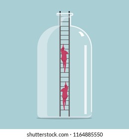 Businessman climbs out of the bottle from the ladder. The background is blue.