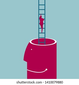 Businessman climbs out of the brain using a ladder. Isolated on blue background.