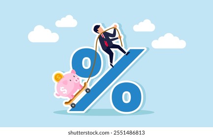 A businessman climbs a percentage sign pulling a piggy bank with a skateboard and rope, illustration of increasing business investment assets