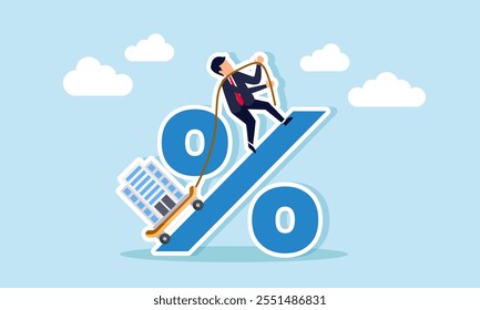 A businessman climbs a percentage sign pulling a company building with a skateboard and rope, illustration of increasing business revenue and profit percentage