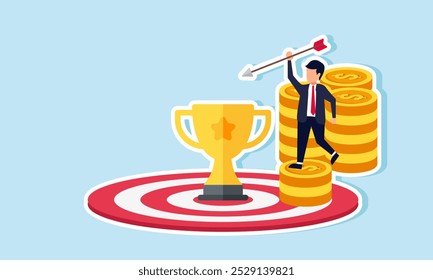 A businessman climbs a pile of coins holding an arrow, aiming to hit a trophy on a target board, illustration of targeting achievements in business to become the best in the industry  