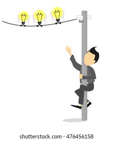 Businessman climbs a pole of power for ideas, man catching ideas , vector 