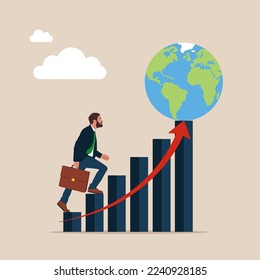 Businessman climbs the stair to achieve world success. Modern flat vector illustration.