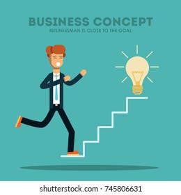 Businessman climbs the stairs, behind the idea. Vector illustration.
