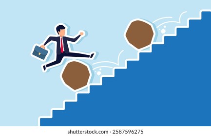 Businessman climbs stairs and jumps to avoid rolling stones from the top, illustration of avoiding confrontation and problems in business