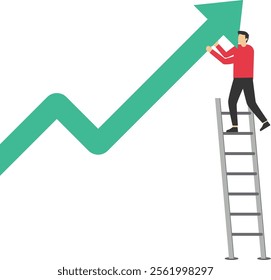Businessman climbs the stairs pushing the graph higher, Vector illustration in flat style

