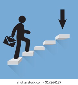 Businessman climbs the stairs of success blue background