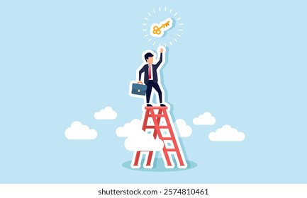 Businessman climbs stairs trying to reach a key, illustration of efforts to obtain business solutions