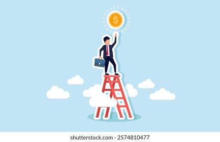 Businessman climbs stairs trying to reach a dollar coin, illustration of efforts to achieve and increase business revenue