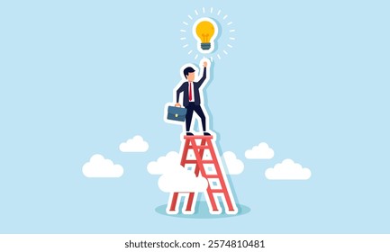 Businessman climbs stairs trying to reach a lamp, illustration of efforts to gain inspiration for business ideas