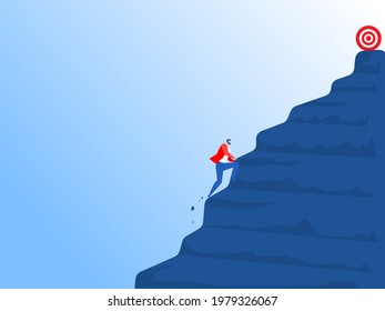 businessman climbs a steep mountain to forward goal. Vector cartoon illustration