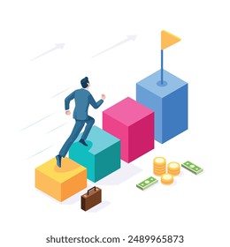 Businessman climbs steps of success in this vibrant isometric vector, with coins and bills symbolizing financial goals and achievements. Business success isometric illustration.