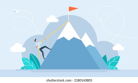 Businessman climbs to the top of the mountain. Metaphor of success, achievements, progress, growth in business. Efforts to achieve the goal. Mountaineering. Climbing. Flat design. Vector illustration