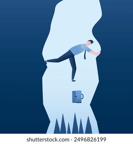 Businessman cling to the cliff edge, hopeless situation. Very deep business problem, financial crisis, and helpless scenario. Male character under pressure, burnout. Vector illustration