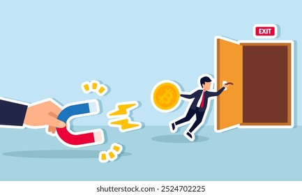 A businessman clings to a door, trying to protect his bitcoin from the pull of a magnet, an illustration of the effort to safeguard bitcoin assets.