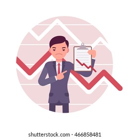 Businessman with clipboard. Negative red charts and graphs. Cartoon vector flat-style business concept illustration