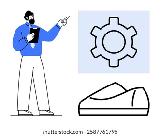 Businessman with clipboard pointing at gear and shoe prototype icons. Ideal for presentations, innovation, manufacturing, product development, business strategy, training, and instructional