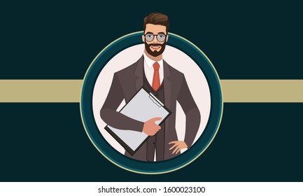 Businessman with Clipboard Portrait vector illustration. 