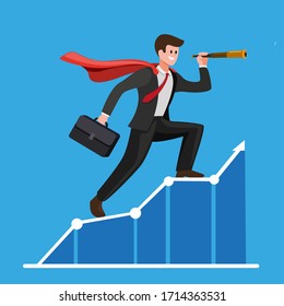 businessman with cloak using telescope on graphic chart. Concept for forecast, prediction, success, business planning in cartoon flat illustration vector