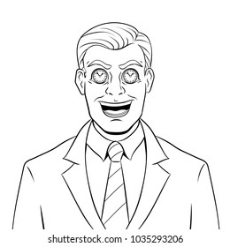 Businessman with clock in eyes coloring vector illustration. Isolated image on white background. Comic book style imitation.