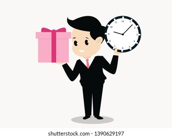 Businessman with clock and and gift on background. illustration in a flat style