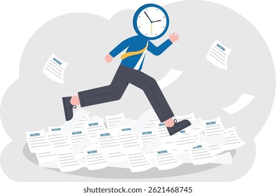 Businessman with clock head running on paperwork, vector illustration cartoon

