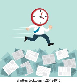 Businessman with clock head running on paperwork, vector illustration cartoon