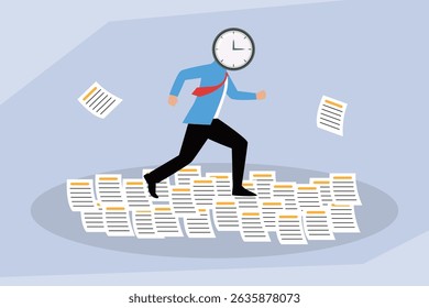 businessman with a clock for a head runs amidst a pile of flying documents, symbolizing tight deadlines, time management, and overwhelming workload