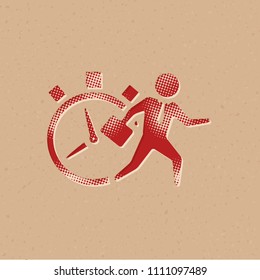 Businessman clock icon in halftone style. Grunge background vector illustration.