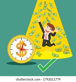 Businessman with clock and money, illustration vector cartoon