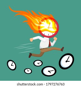 Businessman With Clock On Head In Fire, illustration vector cartoon